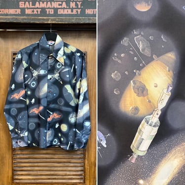 Vintage 1970’s Sci Fi Outer Space Planets Disco Poly Rocketship Shirt, Solar System, 70’s Vintage Clothing 