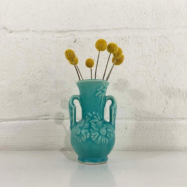 Vintage McCoy Style Turquoise Vase White Pottery Teal Blue USA 1950s 50s Mini Bud Small Cottagecore Mid-Century MCM Classic Floral 