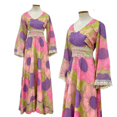 Vtg Vintage 1970s 70s Dayglo Neon Bright Pink Poppy Print Bell Sleeve Maxi Dress 