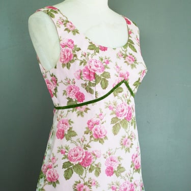 1960s-70s Blush Chiffon Party Dress- Prairie Rose Maxi, Floral Print- Size S/M 