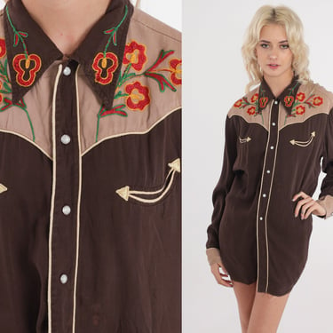 Embroidered Western Shirt 70s Brown Floral Soutache Pearl Snap Shirt Button up Flower Rodeo Cowboy Top Distressed Vintage 1970s Men's Large 