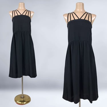 VINTAGE 80s Black Cage Neckline Sun Dress by Christine Von Lumbe Sz 4 with Pockets | 1980s Loose Fit Summer Gothic Dress | 