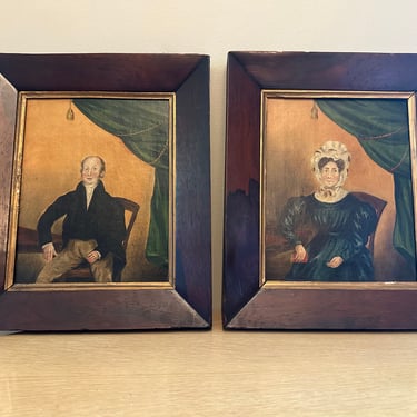 Pair of Antique 19th Century Folk Art His Her Matching Portraits, Oil on Canvas 