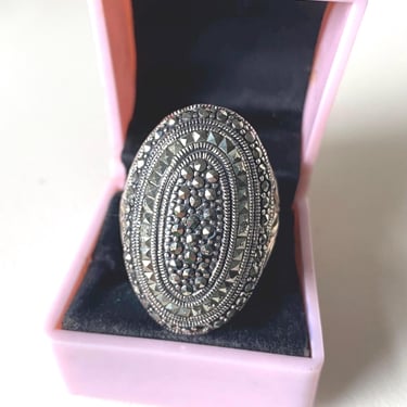 Art Deco Vintage huge Marcasite Cluster  Cocktail Ring 925 Sterling silver Size R by BakeliteBa