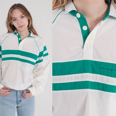 Striped Polo Shirt 90s White Collared Slouchy Top Long Raglan Sleeve Pullover Button Up Green Striped Sportswear Vintage 1990s Medium M 