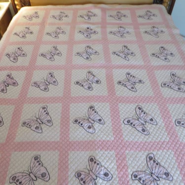 Vintage Pink Appliqued Butterfly Quilt - Pink Butterfly Quilt 