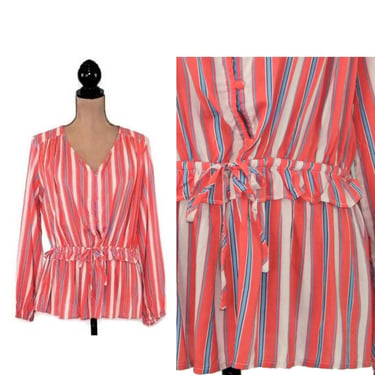 Coral Orange Stripe Button Down Rayon Shirt Long Sleeve Peplum Top Loose Fit Cinched Waist Drawstring Collarless Blouse Women Clothes Casual 