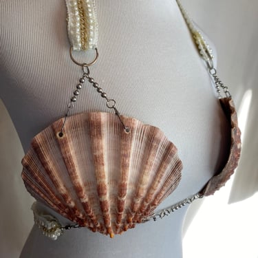 Mermaid costuming Seashell bralette pearly beads hand made novelty swimwear Merpeople aquatic decorative hand crafted shellwork 