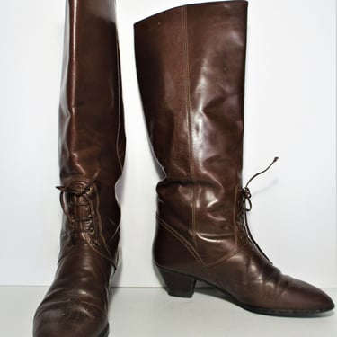 Knee High Boots, Vintage 80s Marc Alpert Maria Pia, Size 9M Women, Black Leather, lace up detail 