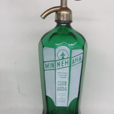 Art Deco Soda Siphon Bottle Green Glass Mikes Seltzer Minnehaha Club Soda 3907B