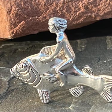 Vintage Sterling Silver Surreal Boy Riding Fish Pendant Necklace 