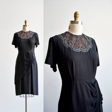 1940s Black Cocktail Dress with Lace Bodice 