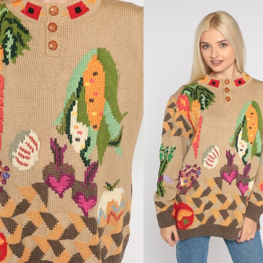 Fruit Print Sweater 90s Fruits and Vegetables Knit Sweater Retro Gardening Novelty Button Up Garden Vintage 1990s Ramie Cotton Mens Medium M 