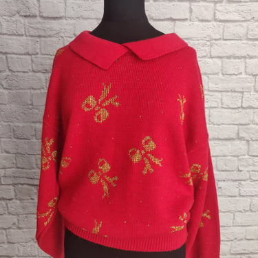 Vintage Red Christmas Holiday 80s Sweater with Gold Bow Accents 