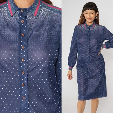 70s Shirtdress Dark Blue Polka Dot Dress Midi Secretary Button Up Shift Collar Long Puff Sleeve Retro Collared Vintage 1970s Medium 