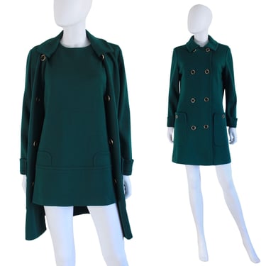 1960s Kimberly Knitwear Hunter Green Scooter Dress & Matching Jacket - Vintage Green Knitwear Set - 60s Green Mod Dress Set | Size Medium 