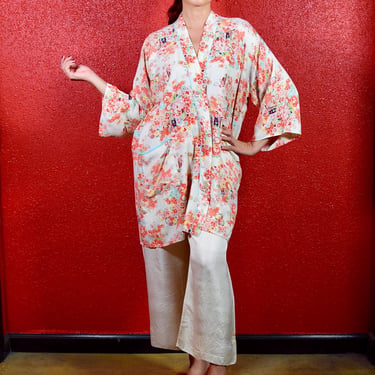 1940s Rayon Japanese Floral Kimono Jacket by Arldon Lingerie 