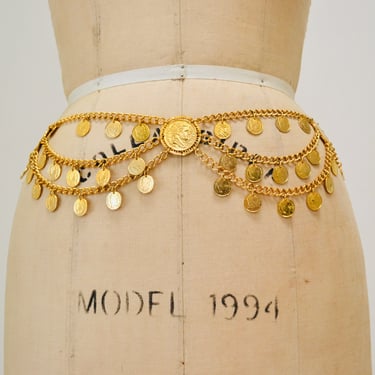 80s 90s Vintage Gold Chain Coin Belt Gold Metallic Pirate Gypsy Gold Chain Charm Belt SMALL Medium Large Vintage Napoleon Bonoparte Belt 