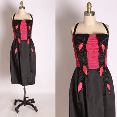 Deadstock 1960s Black Satin and Hot Pink Silk Chiffon Foliage Sequin Leaf Detail Cocktail Dress by Emma Domb -S 