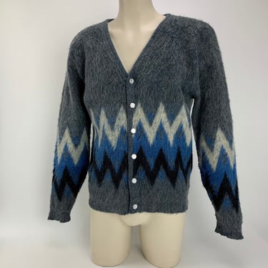 1950'S MOHAIR Cardigan - by BRENT - Mohair and Wool - Zig Zag Hues of Blue, Gray, Black & White - Men's Size Large 