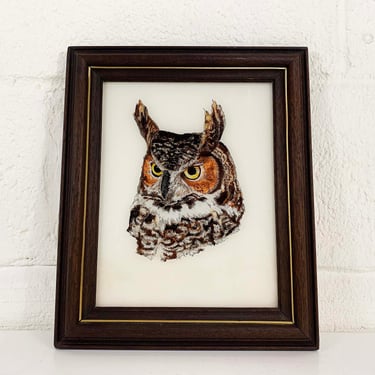 Vintage Owl Iridescent Print Framed Optical Metallic Owls Bird Brown Picture Rustic Wall Decor 1970s 