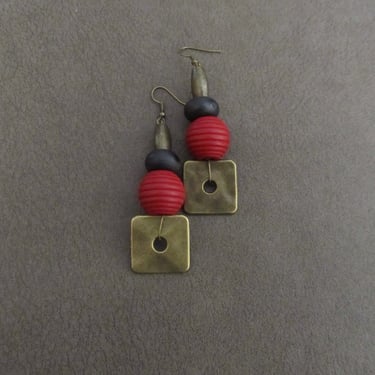 Hammered bronze earrings, geometric earrings, unique mid century modern earrings, ethnic earrings, bohemian earrings, statement red earrings 