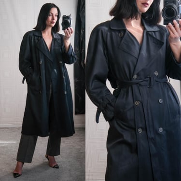 Vintage 90s JONES New York Black Sharkskin Double Breasted Belted Trench Overcoat w/ Removable Lining | Made in USA | 1990s Designer Jacket 