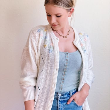Vintage Pastel Knit Cardigan / Floral Embelishments and Pearl Buttons 