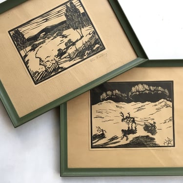 Antique Scandinavian Block Prints, Winter Scene Elf In Moose Drawn Sleigh, Cabins In Snowy Countryside, Signed by C Grinberg 