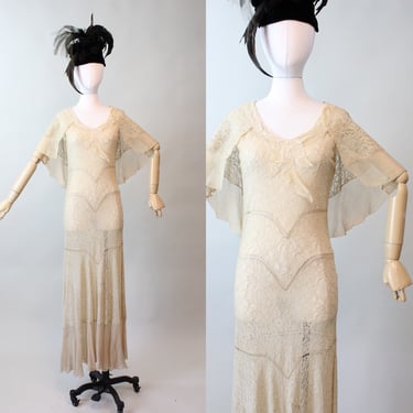 1930s LACE CAPE dress SILK gown small | new fall 