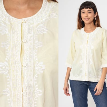 90s Yellow Embroidered Top Filipino Floral Blouse Hippie Shirt Boho Button Up Tunic Top Vintage Bohemian 3/4 Sleeve Philippines Medium 8 