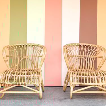 Pair of Coastal Chic Rattan Lounge Chairs
