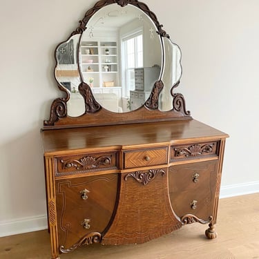 NEW - Antique Dresser with Carved Wood Details and Etched Triple Mirror, Vintage Bedroom Furniture, Chest of Drawers, Farmhouse Style 