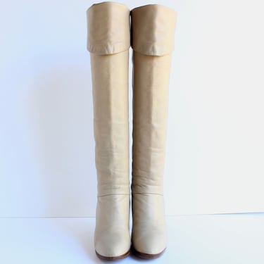 Vintage Cuffed Cream Leather Stacked Heel Boots - Soft Beige Knee High Boots Made in Italy - Womens Shoe Size 4 