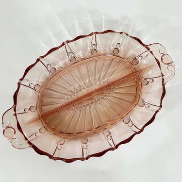 Vintage Pink Depression Glass Divided Serving Tray Dish Mid-Century Retro Cocktail Party Oyster and Pearl Anchor Hocking Relish Tray 1930s 