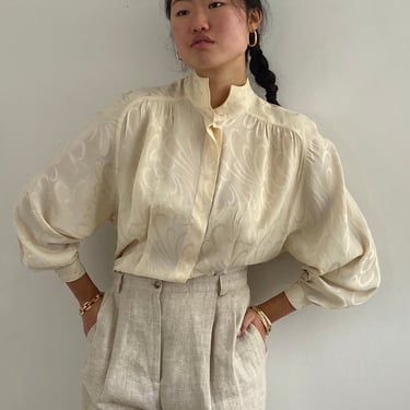 90s silk jacquard batwing blouse / vintage ivory silk jacquard batwing nipped waist blouse | Medium 