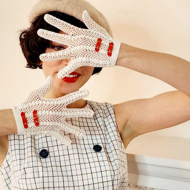 1960s Gloves White Crochet Cotton Red Leather Straps - Mod 