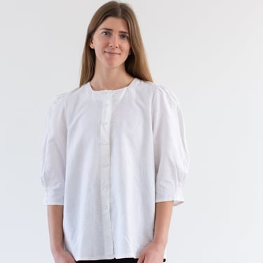 Vintage White Linen Cotton Puff Sleeve Shirt | Square neck Romantic Folk Blouse | S | 