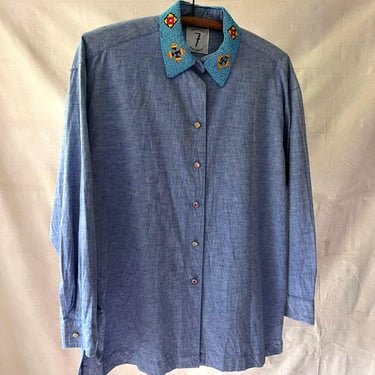 90s Todd Oldham Times Seven Beaded Collar Chambray Blouse Size M / L / XL 