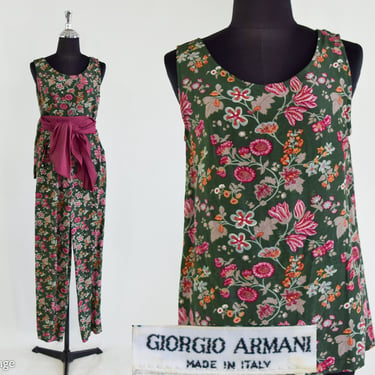 Giorgio Armani  | 1990s Green Floral Pants & Top Set | 90s Sleeveless Green Print Pant Set | Giorgio Armani | Small 