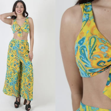 Tropical 2 Piece Set, Colorful Sexy 70s Sun Top, Vintage Psychedelic Wide Leg Palazzo Pants, Matching Bell Bottoms and Blouse 