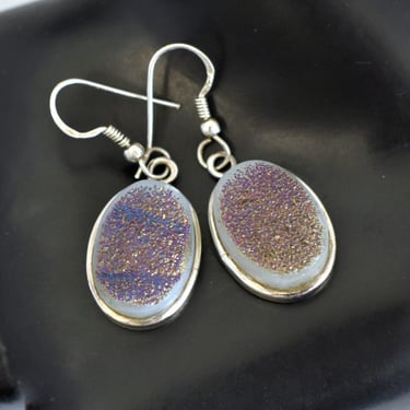 80's sterling rainbow aura druzy mystic hippie dangles, 925 silver color change titanium agate earrings 