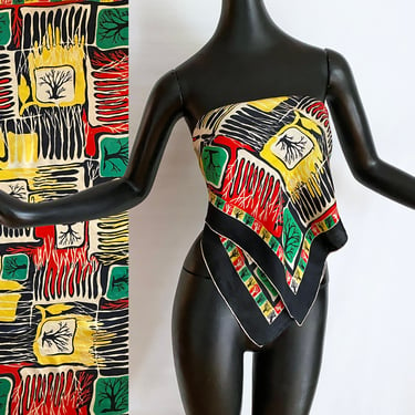 Vintage 1940s Modernist Scarf | 100% Silk w/ Abstract Trees Design in Red, Green, Yellow & Black | Fab Rockabilly Pin Up Fashion Accessory 