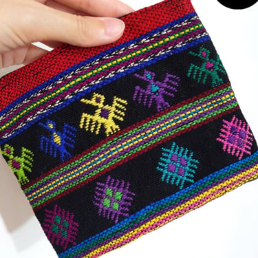 NWOT Vintage 70s Guatemalan Black Woven Zipper Pouch with Birds 