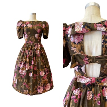 vintage 1980s victor costa brown floral puff sleeve dress, open back, full skirt 