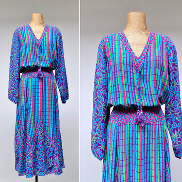 Vintage 1980s Diane Freis Dress, Polyester Georgette Mixed Print Bias Cut Tea Length w/Godet Skirt, Boho Gypsy Style, Medium 