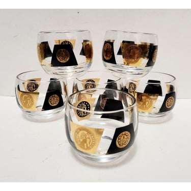 1960s Vintage Roly Poly Glasses, Cera 22kt Gold Coin Lowball Tumblers, Signed Drinkware, Mid Century Modern Barware, Bartender Mixologist 