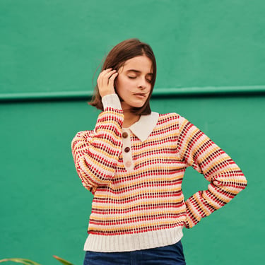 Mismatch polo sweater, Beige Marl & Ivory Stripe