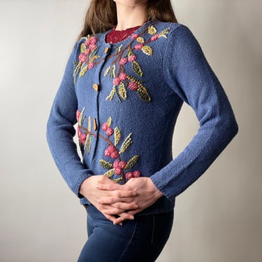 Vintage Blue Silk Blend Embroidered Floral Cardigan Sweater, Size Small 