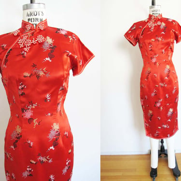 Vintage 60s Red Satin Cheong Sam Chinese Dress size 8 - 1960s Peony Shanghai Mandarin Collar Frog Button Satin Sheath Dress 